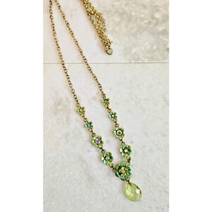 Vintage Necklace Green Flower Enamel Crystals Boho